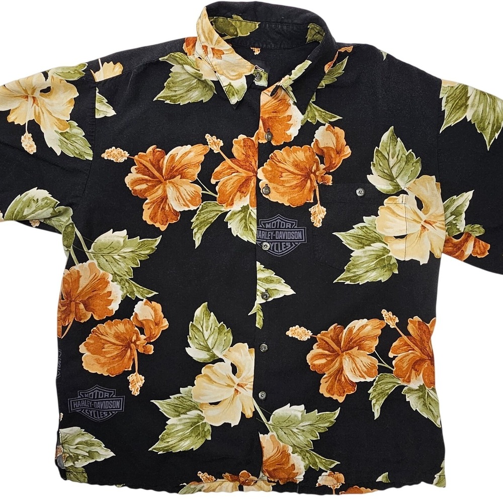 Harley-Davidson Mens Black Floral Hibiscus Button Up Shirt Short Sleeve L‎